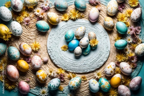 Overhead view of Easter eggs arranged in a circular pattern on a textured surface, complemented by delicate flower decorations.