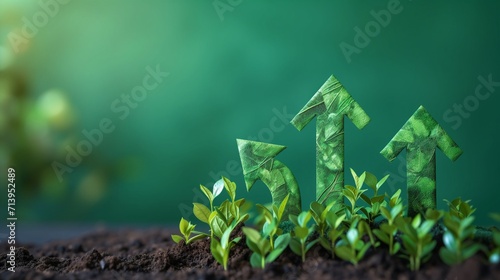 Illustration of upward-pointing arrows made of lush green grass, symbolizing eco-friendly progress, sustainable development, and positive environmental growth trends. photo
