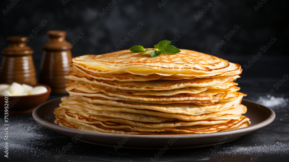 Thin pancakes on the grey background