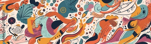 Decorative abstract horizontal banner with colorful doodles. Hand-drawn modern illustration, Generative AI 