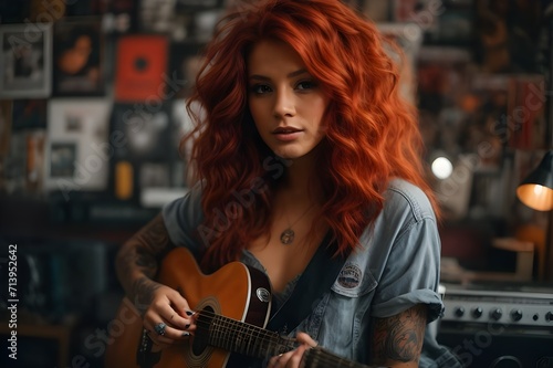 a beautiful woman is playing electric guitar in a room full of posters and a collection of vinyl records, tattooed woman generative AI 