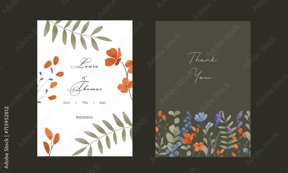 Set of vector postcards. Wedding invitation. Watercolor flowers. Blue-orange flowers
