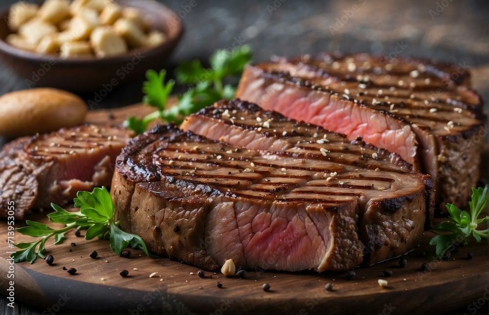 Juicy grilled beef steak slices, steak cuts on wood, for food business or restaurant needs Juicy grilled beef steak slices, steak cuts on wood, for food business or restaurant needs