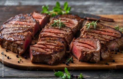 Juicy grilled beef steak slices, steak cuts on wood, for food business or restaurant needs
