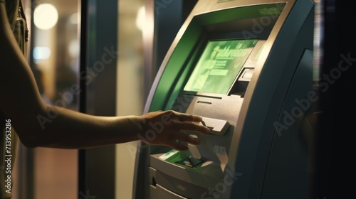 Close-up of a woman's hand using an ATM machine.