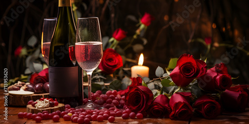 A scene of romance with red wine, glowing candles, roses, and blurred lights.  Red Wine, Candlelight, Roses, and Dreamy Blurred Lights Creating Romance. 
Generative Ai.