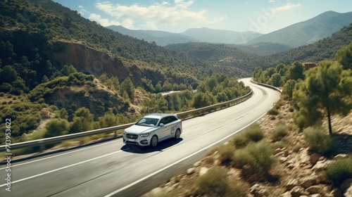 Traversing the mountainous path, a car treats its occupants to a spectacular panoramic view. © muji