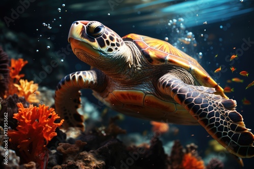Sea turtle on the background of a coral reef