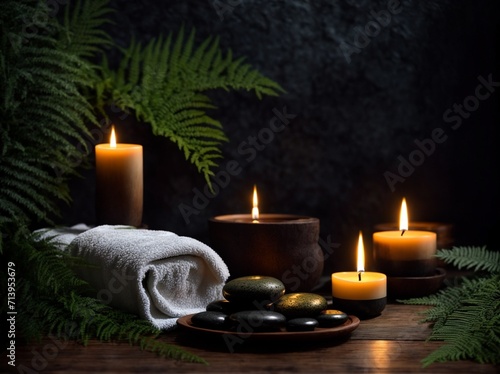 Candlelit Elegance Retreat - Wooden Background, Towel, Candles, and Hot Stone. Immerse Yourself in One-Person Massage Therapy with Beauty Spa Treatment