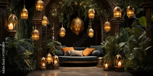 Calm Alcove Decorated with Plants and Golden Lanterns