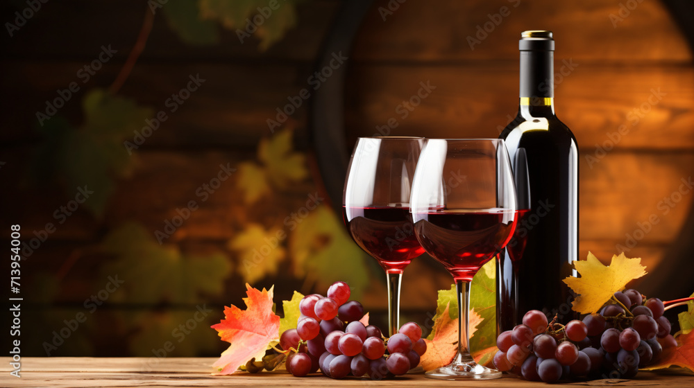 Wine bottle glasses with wine and ripe grapes