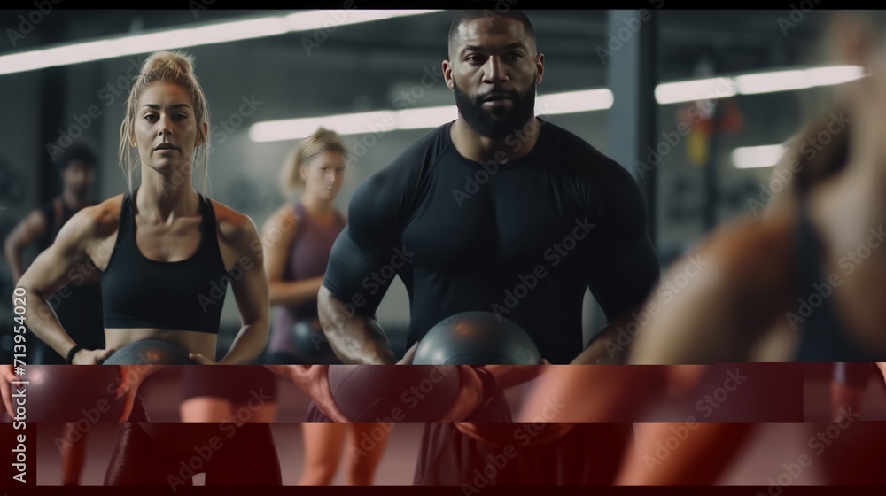 Fitness team, ball and exercise training with workout coach for healthy