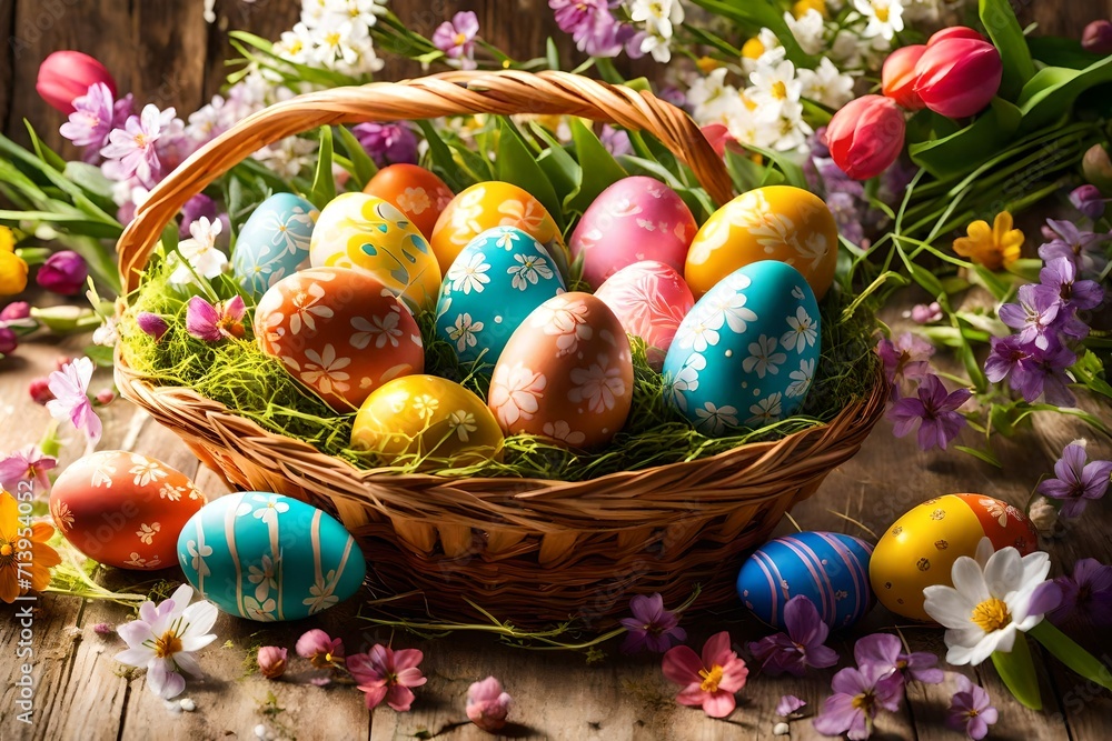 Vibrant Easter eggs arranged in a basket, surrounded by blooming spring flowers and greenery. The soft sunlight enhances the colorful decorations, creating a festive atmosphere.
