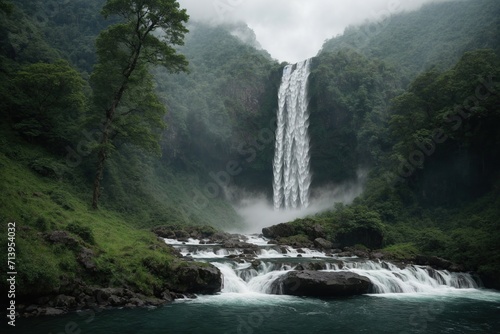 Surrounded by lush foliage and hazy clouds, a spectacular waterfall cascades down a steep cliff.