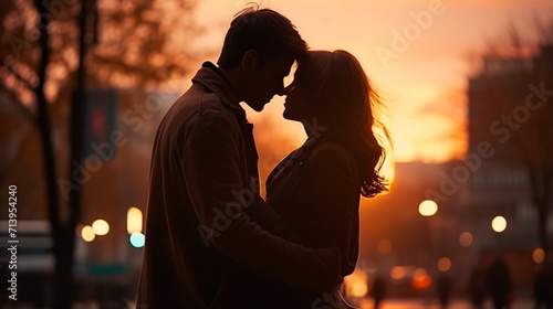 Young couple in love kissing on a city street photo