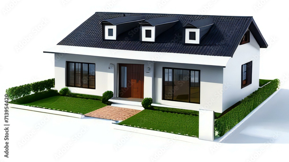 3d house model rendering on white background, 3D illustration modern cozy house. Concept for real estate or property. 3d house model rendering on white background, 3D illustration modern cozy house. Concept for real estate or property.