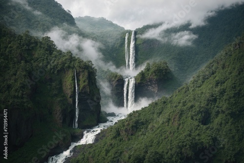 A majestic waterfall cascading down a rocky cliff  surrounded by lush greenery and misty clouds