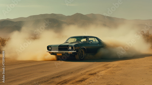 Racing car on the sand in the desert.