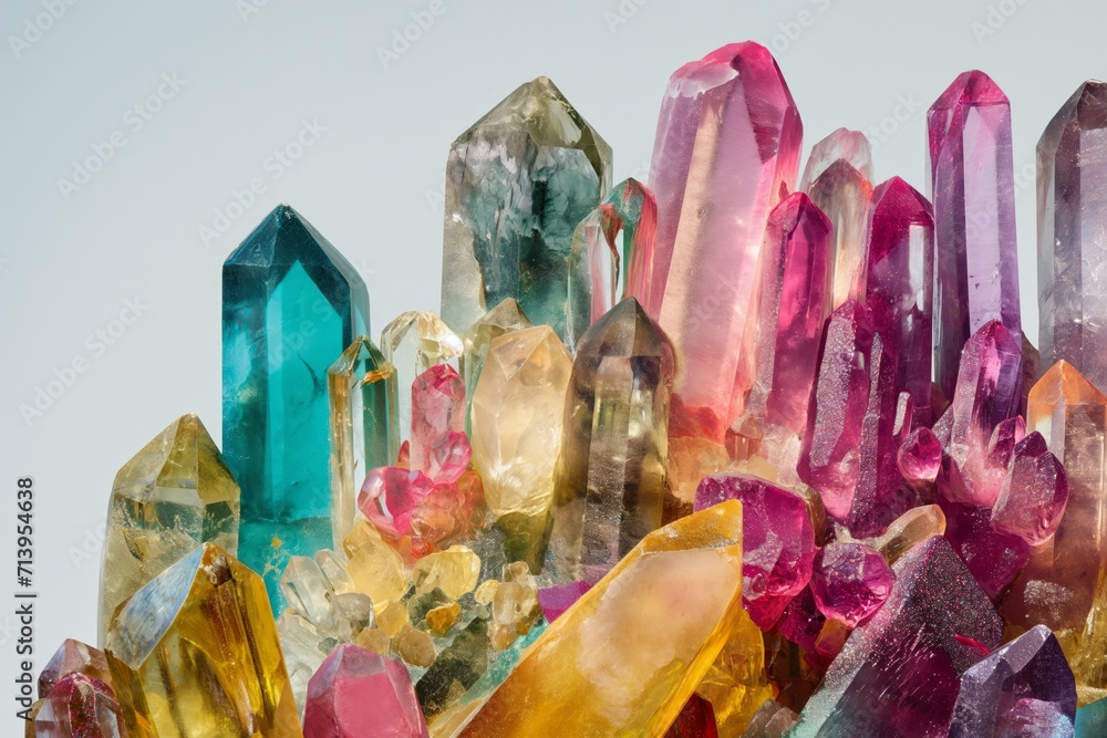 Colorful Quartz Crystal cluster gemstone against grey background. Beautiful crystals arrangement Colorful Quartz Crystal cluster gemstone against grey background. Beautiful crystals arrangement