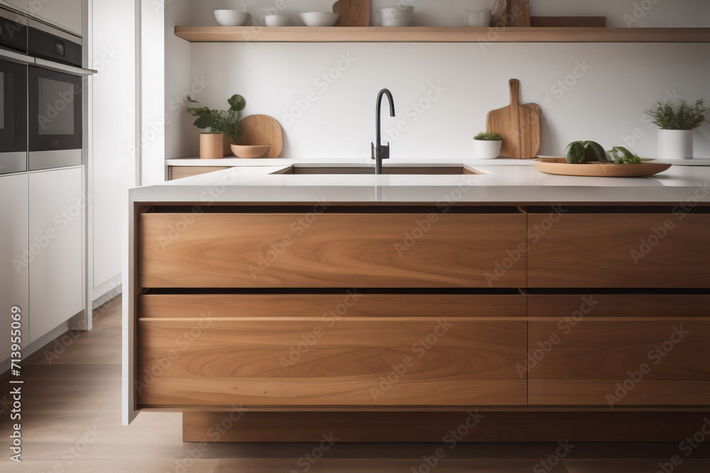 Close up of kitchen island with wooden drawers. Minimalist modern interior design of kitchen with shelves Close up of kitchen island with wooden drawers. Minimalist modern interior design of kitchen with shelves