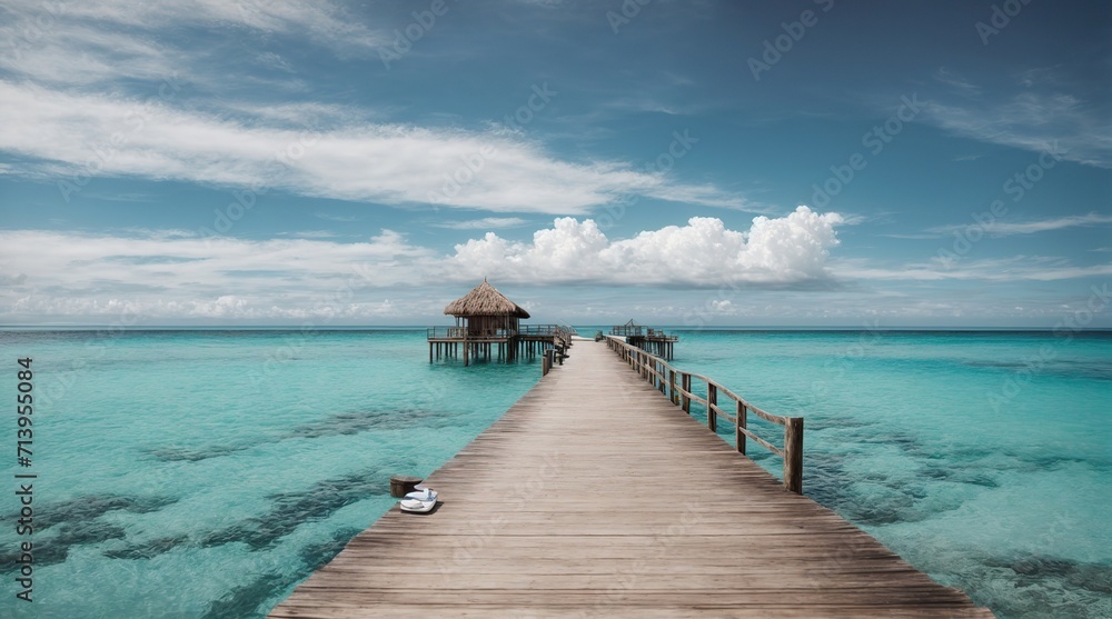 Beautiful tropical setting, ideal for summer trip and vacation. Huge blue sky with white clouds, a wooded pier that leads to a watery island, and a broad view 