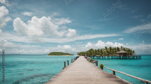 Beautiful tropical surroundings are the ideal setting for summer travel and vacations. vast expanse of blue sky with white clouds, a wooden pier that leads to an island in the lake, and 