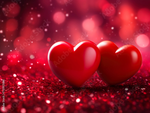 Red two heart love shape toys on red sparkling glitter lights bokeh background, Valentine day concept