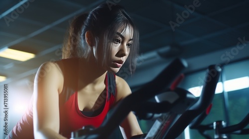 Exercise bike cardio workout at fitness gym.Asian women doing sport biking in the gym for fitness in the morning.Fitness,Gym ,healthy lifestyle concepts.