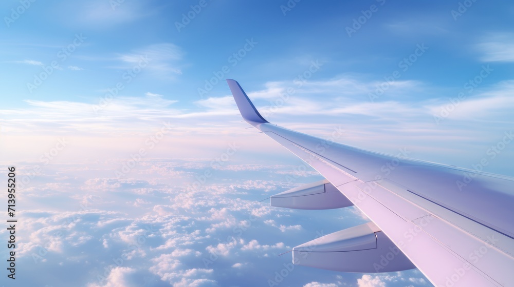 Obraz premium Airplane wing on blue sky background. Travel and transportation concept.