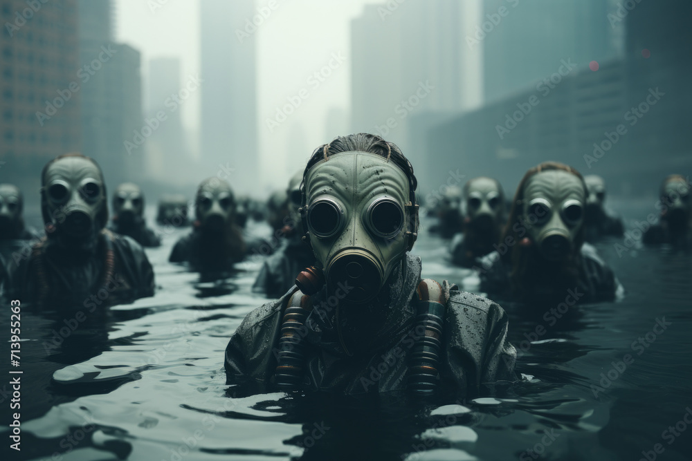 Surreal photo of sick people in water, symbolic of epidemic disease - obrazy, fototapety, plakaty 