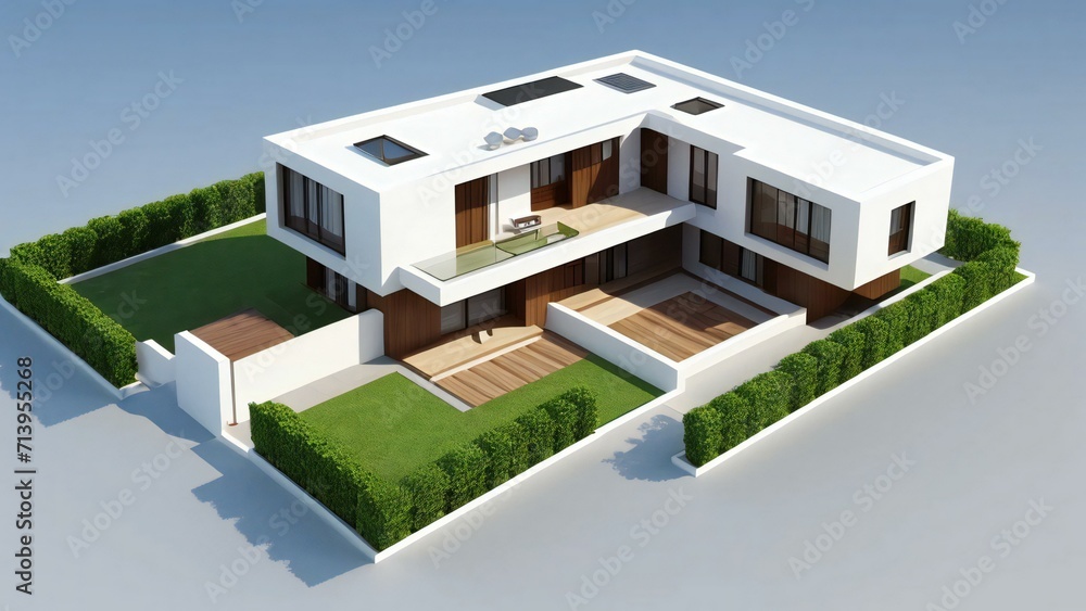 3d house model rendering on white background, 3D illustration modern cozy house. Concept for real estate or property. 3d house model rendering on white background, 3D illustration modern cozy house. Concept for real estate or property.