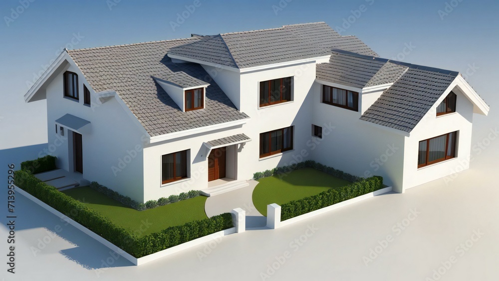 3d house model rendering on white background, 3D illustration modern cozy house. Concept for real estate or property. 3d house model rendering on white background, 3D illustration modern cozy house. Concept for real estate or property.