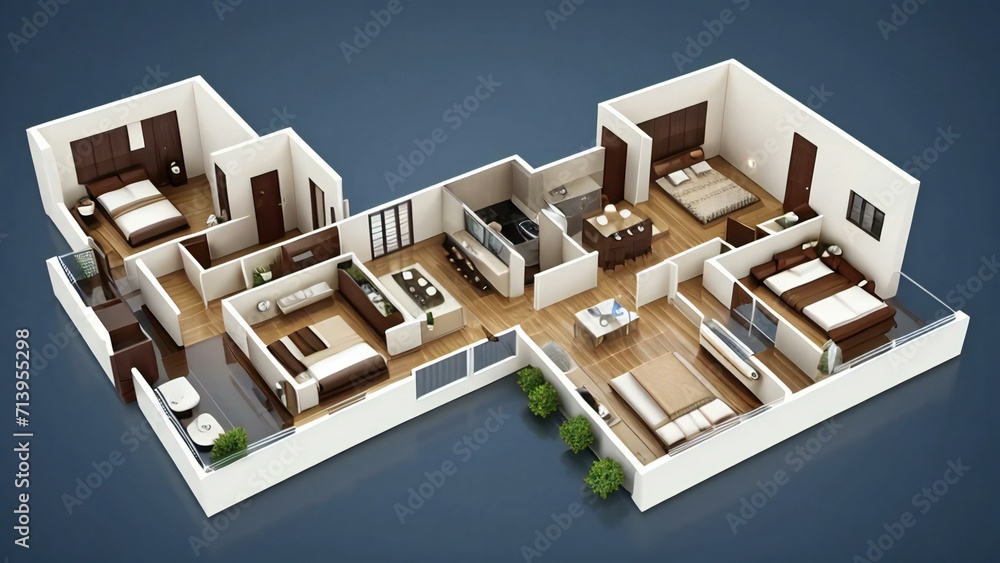 3D illustration floor plan of a house, modern cozy house isolated on white background 3D illustration floor plan of a house, modern cozy house isolated on white background