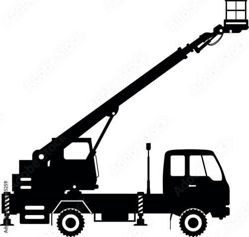 Silhouette of Aerial Work Platform Bucket Truck Icon in Flat Style. Vector Illustration