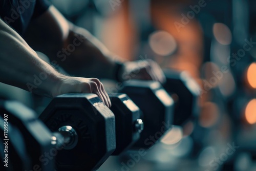 Strength in Detail: A Fitness Enthusiast Dedicates to a Gym Workout, Lifting Weights with Determination at a Well-Equipped Gym, Focusing on Altering the Body's Strength.

 photo