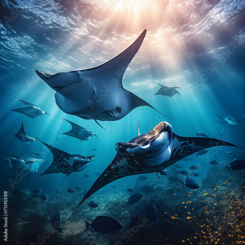 Manta Ray over tropical coral reef