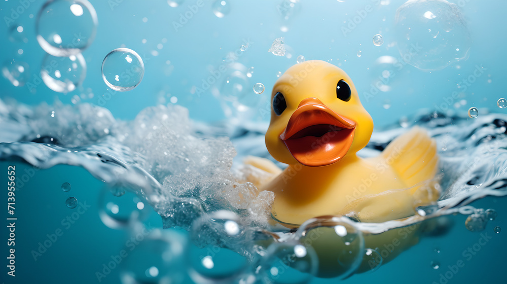 close up of adorable yellow rubber duck swimming in water before a light blue background with soap bubbles close up of adorable yellow rubber duck swimming in water before a light blue background with soap bubbles