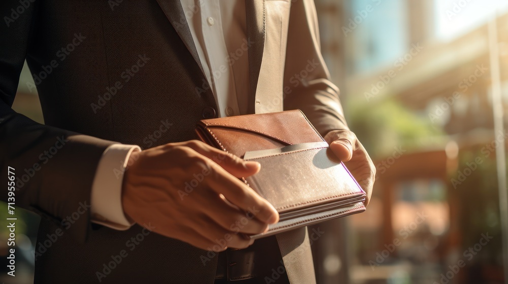 Close-up of a man's hand holding a wallet - obrazy, fototapety, plakaty 