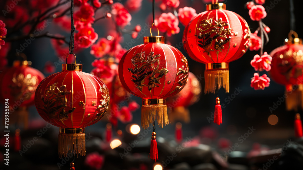 Traditional red Chinese lanterns adorned with golden characters, blossoms, and tassels, symbolizing joy and prosperity for the Lunar New Year celebration Traditional red Chinese lanterns adorned with golden characters, blossoms, and tassels, symbolizing joy and prosperity for the Lunar New Year celebration