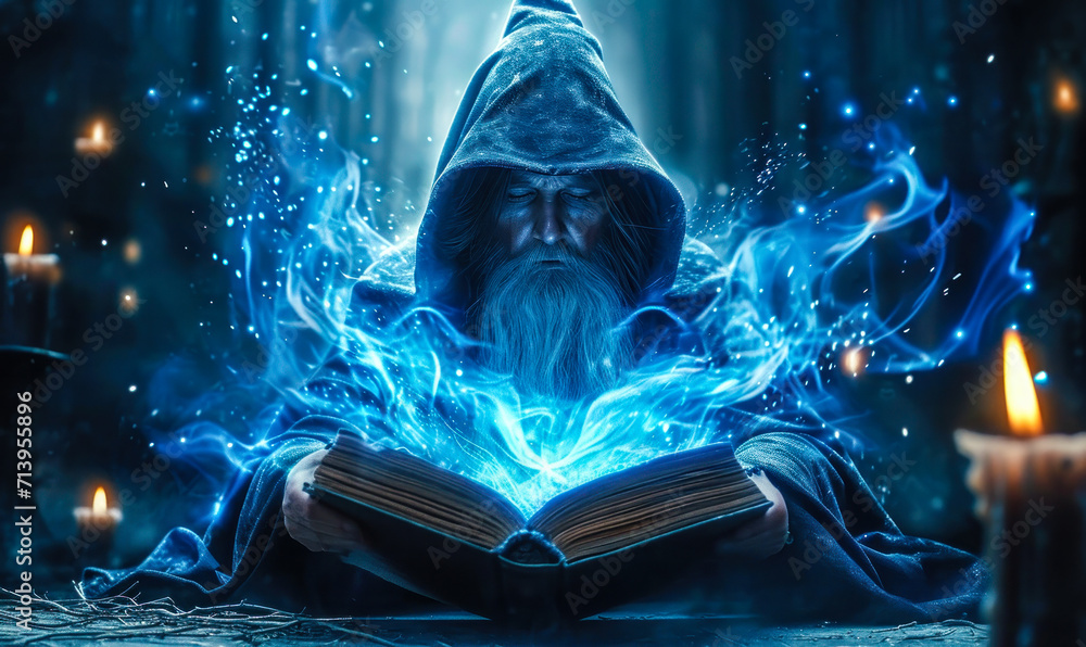 Mystical ancient wizard conjuring blue magical energy from an arcane tome in a dark, gothic cathedral setting, embodying fantasy and sorcery - obrazy, fototapety, plakaty 