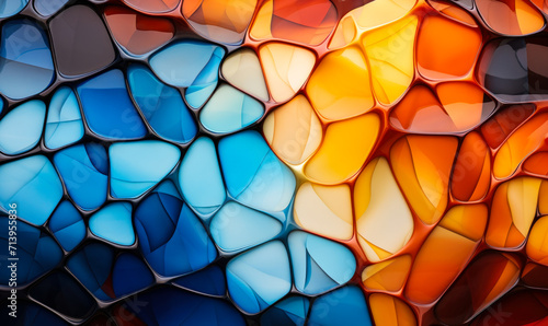 Colorful abstract stained glass pattern with a vibrant mosaic of interconnected shapes in varying shades of blue, orange, and yellow photo
