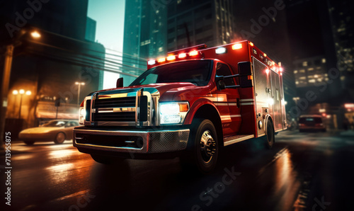 Speeding ambulance on urgent city mission  with lights flashing and siren blaring  rushes through downtown to save lives in a critical emergency situation