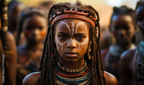 Young indigenous African girl with traditional face paint and tribal attire stands resolutely, her gaze piercing, against a backdrop of her community members photo
