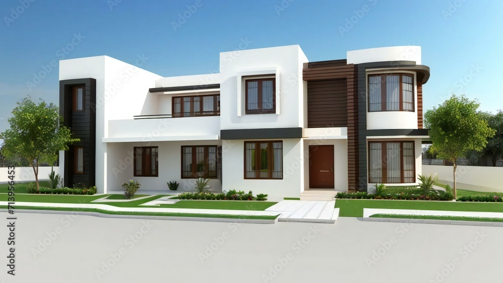 3d house model rendering on white background, 3D illustration modern cozy house. Concept for real estate or property.