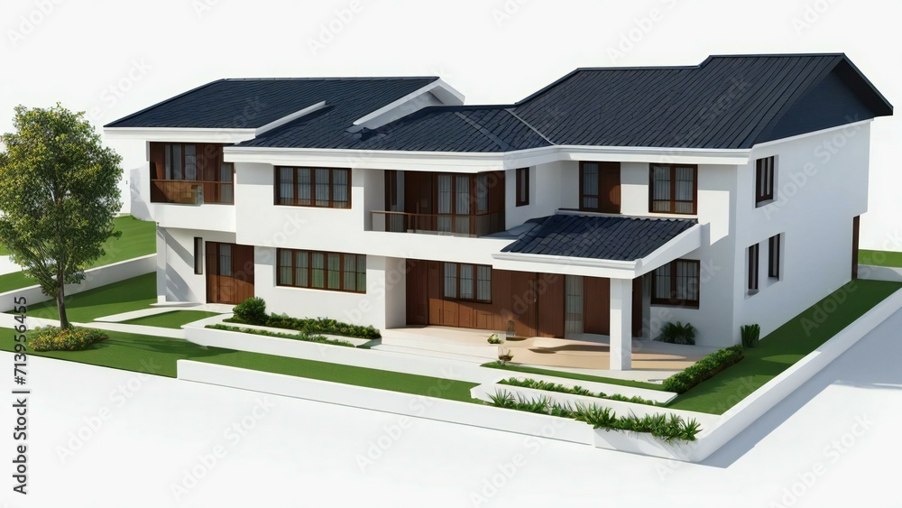 3d house model rendering on white background, 3D illustration modern cozy house. Concept for real estate or property. 3d house model rendering on white background, 3D illustration modern cozy house. Concept for real estate or property.