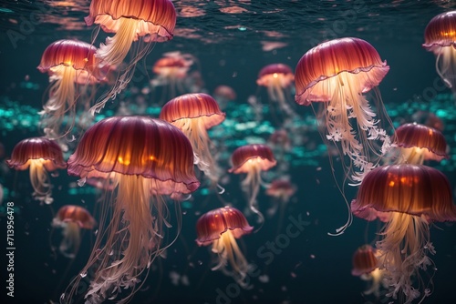  a jellyfish floating under the water together with glowing lights on them's sides and their heads