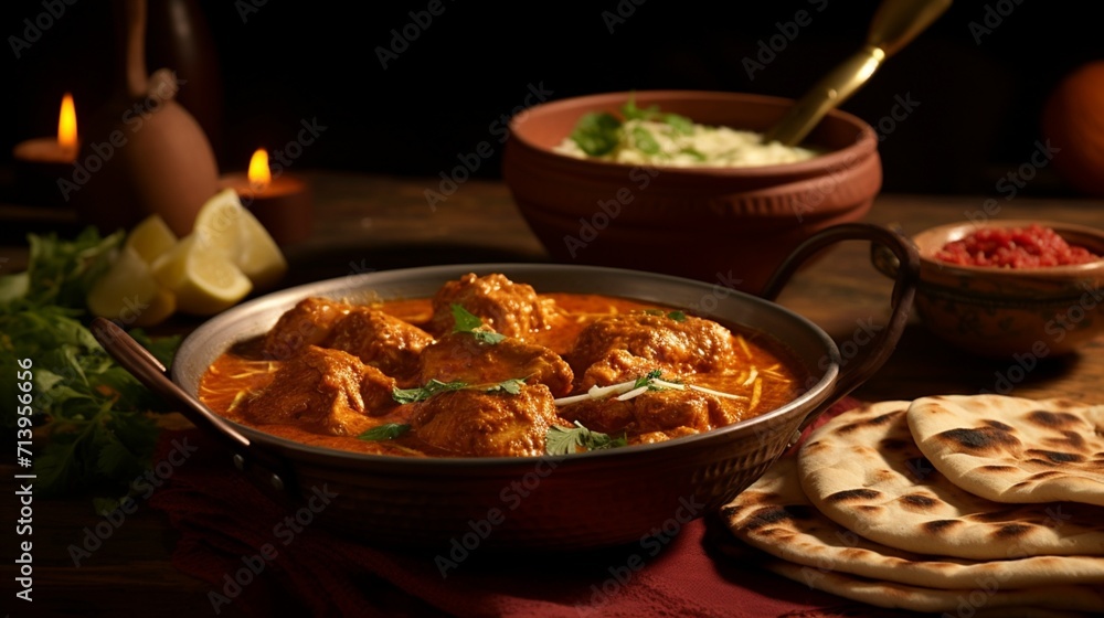 Aromatic Indian butter chicken curry served with naan bread for dipping.