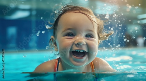 Concept healthcare sport for infant. Portrait Cute happy laughing baby girl swimming in pool, teaching small swimmer. © MUCHIB