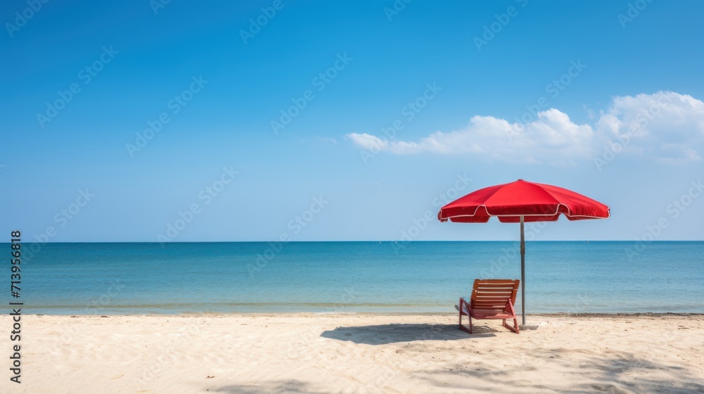 Red umbrella and chair on the tropical beach with blue sky background.