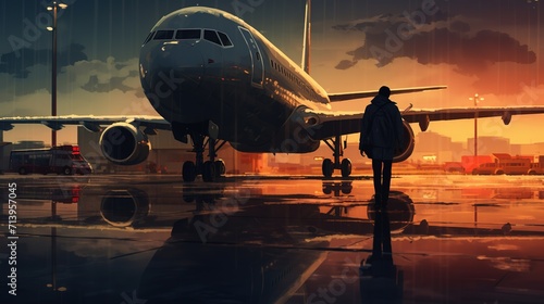 airplane_in_the_airport sunset background ai generate image